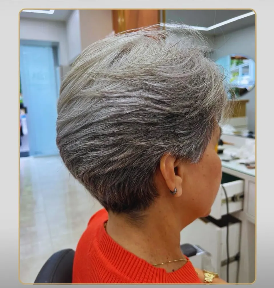 Corte curto grisalho, cliente de costas, blusa vermelha